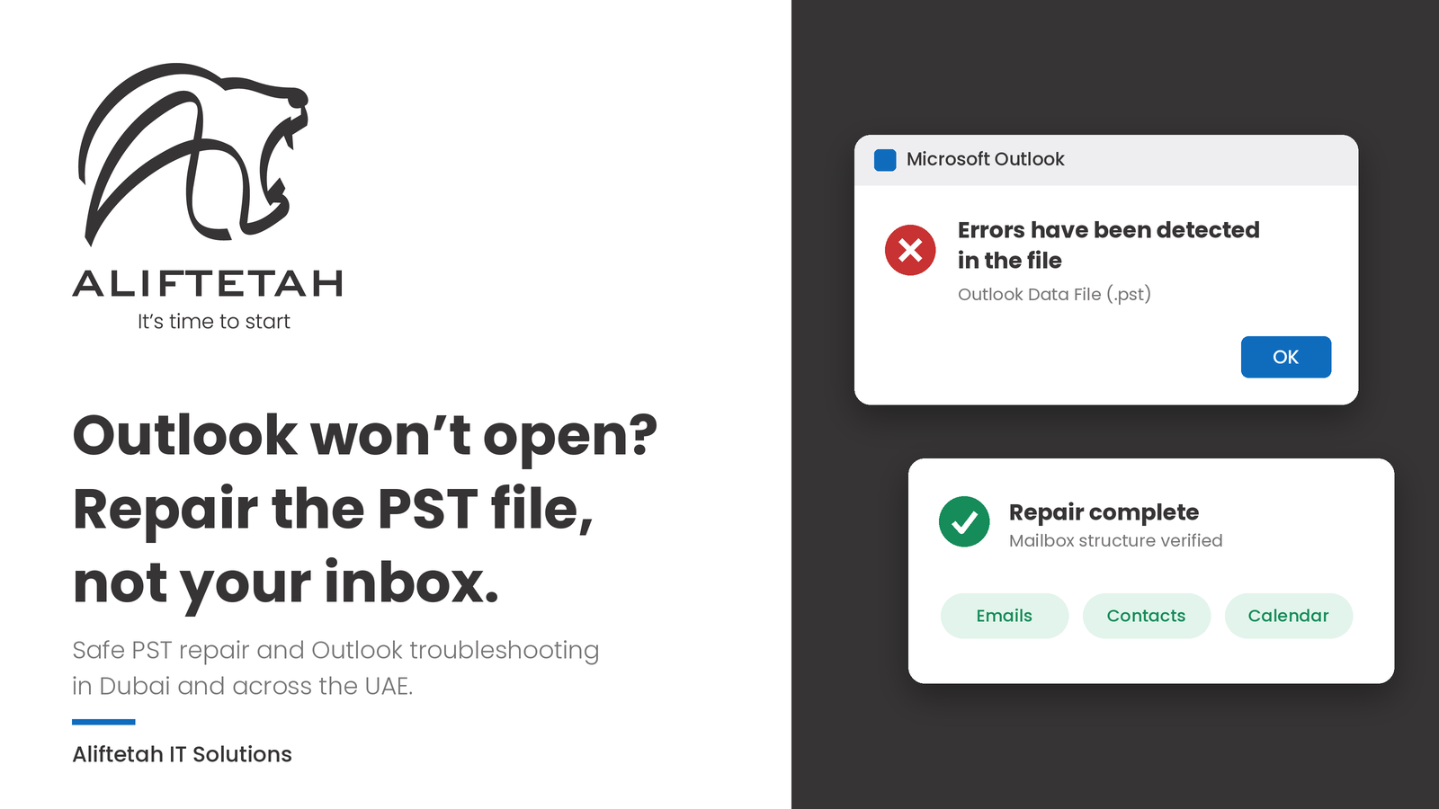 Outlook PST file repair in Dubai by Aliftetah IT Solutions